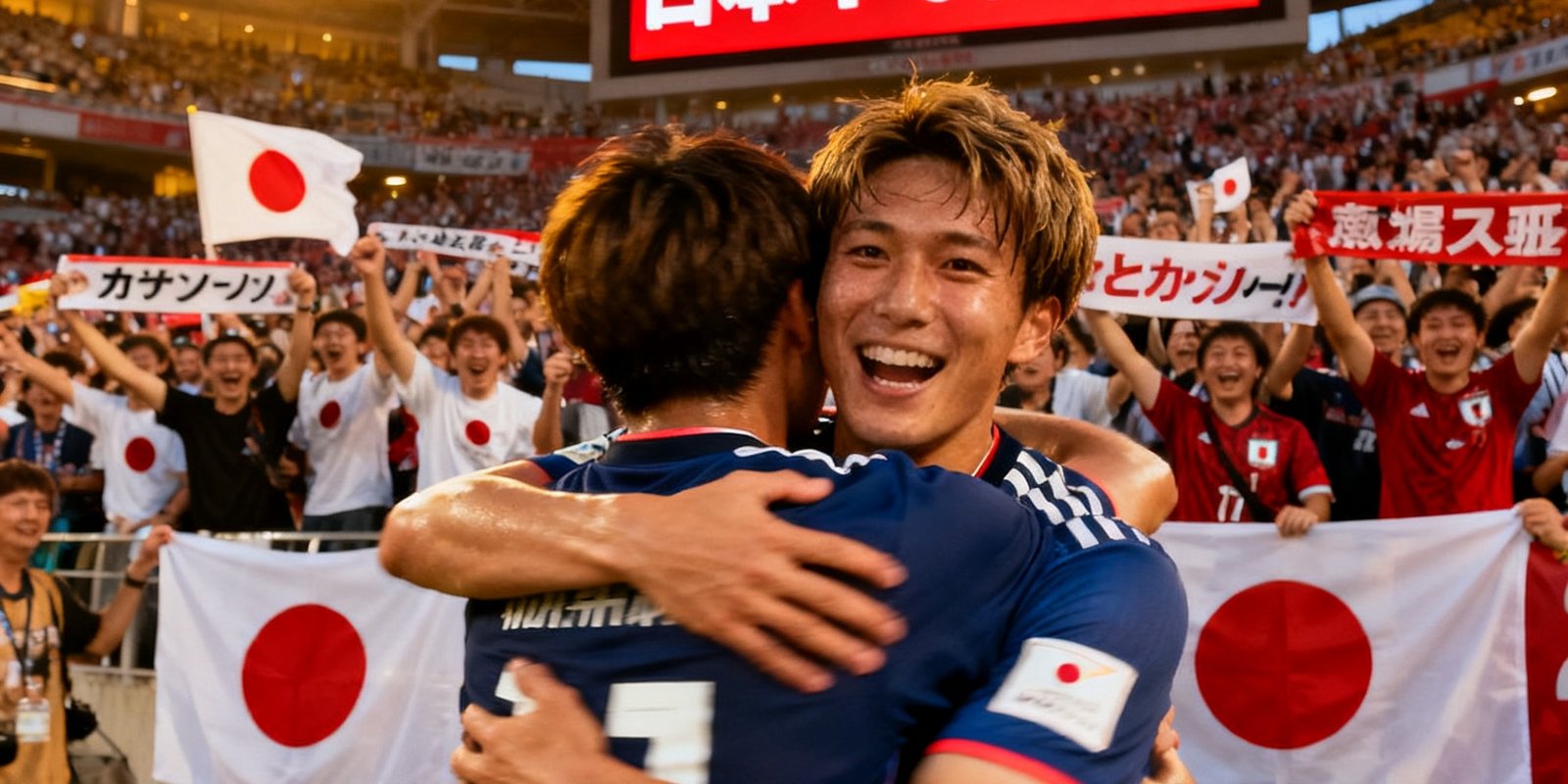日本队4比0大胜叙利亚赛后庆祝画面，三笘薫与久保建英拥抱庆祝，背景是埼玉体育场欢呼的球迷人群与记分牌